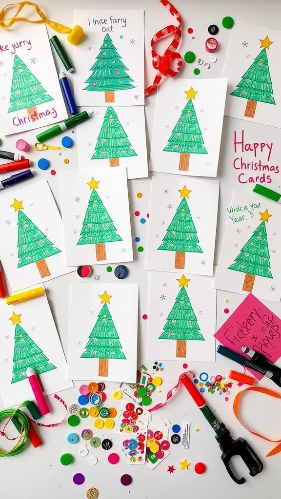 Homemade Christmas cards with colorful designs and messages, surrounded by art supplies.